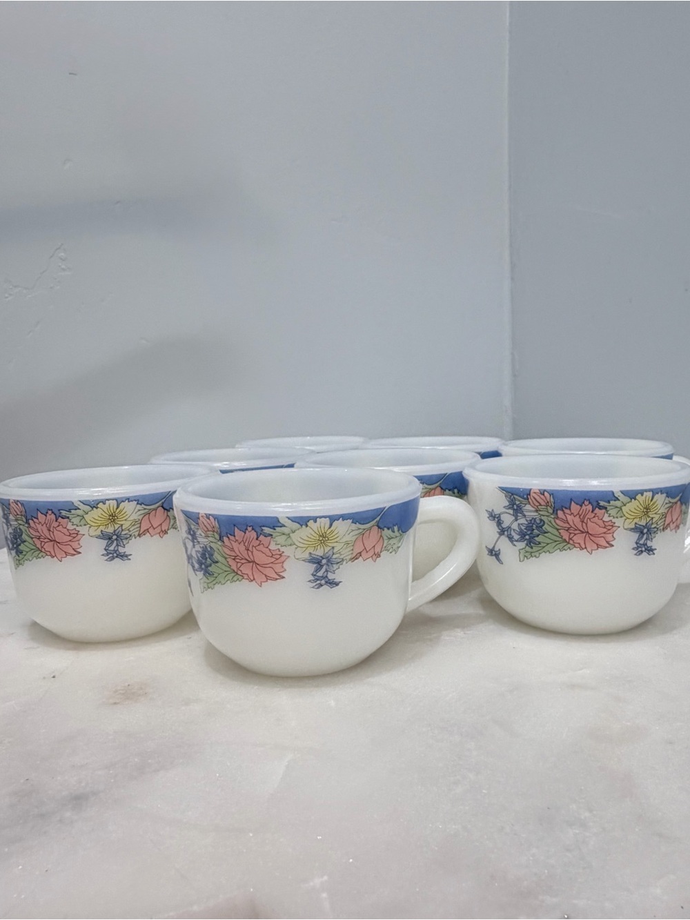 Vintage 90s Duropal French Opal Glass Teacups Set 7 Floral Blue Rim Coffee Cups - Picture 3 of 13